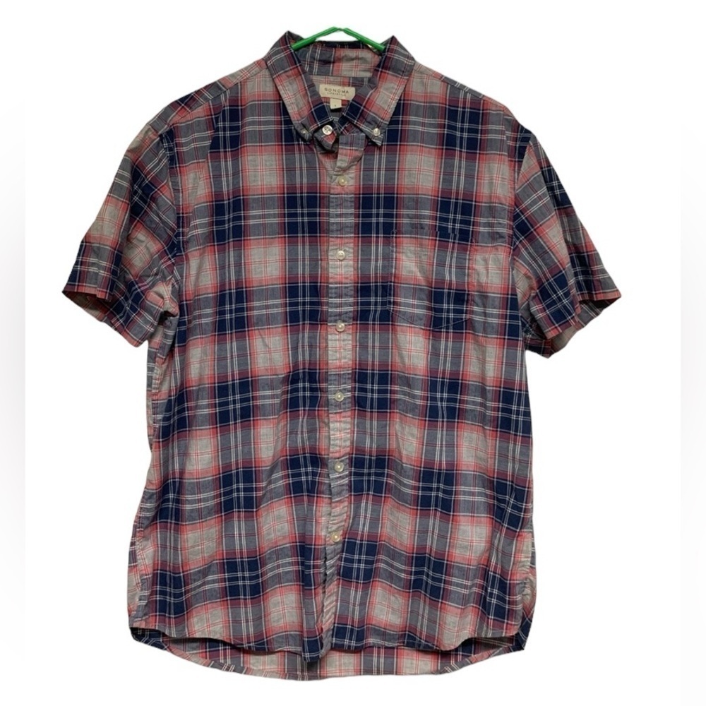 Sonoma blue pink grey short sleeve plaid button down mens shirt size L Large EUC
